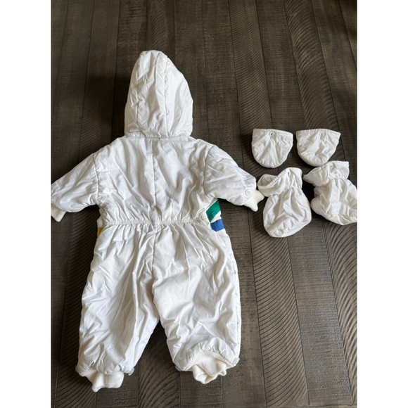 Vintage 80s Baby Snowsuit Rainbow Stripes White One Piece Hooded 12 Mo - Picture 3 of 6